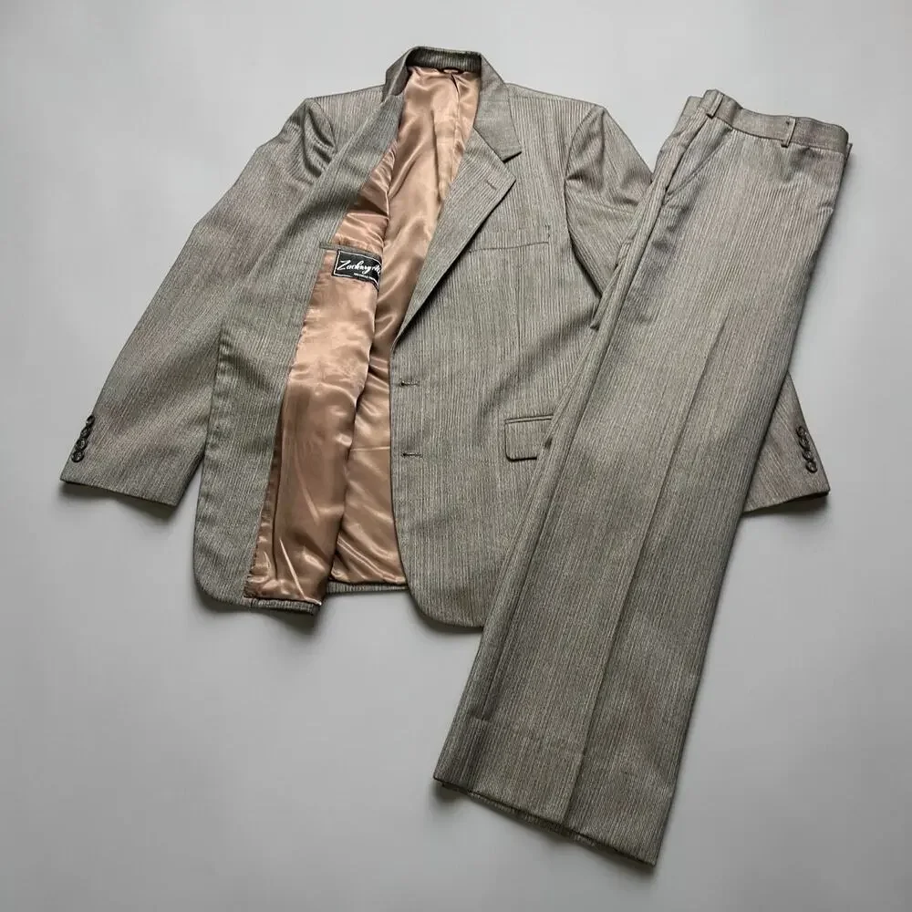 Vintage Zachary All 2PC Suit Blazer Men Gray High Rise Baggy Straight Leg